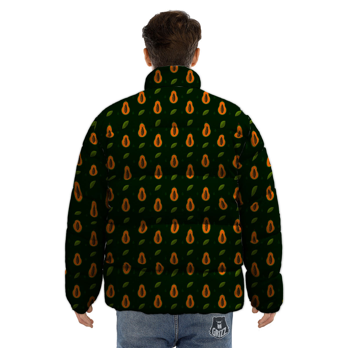 Papaya Exotic Print Pattern Puffer Jacket-grizzshop