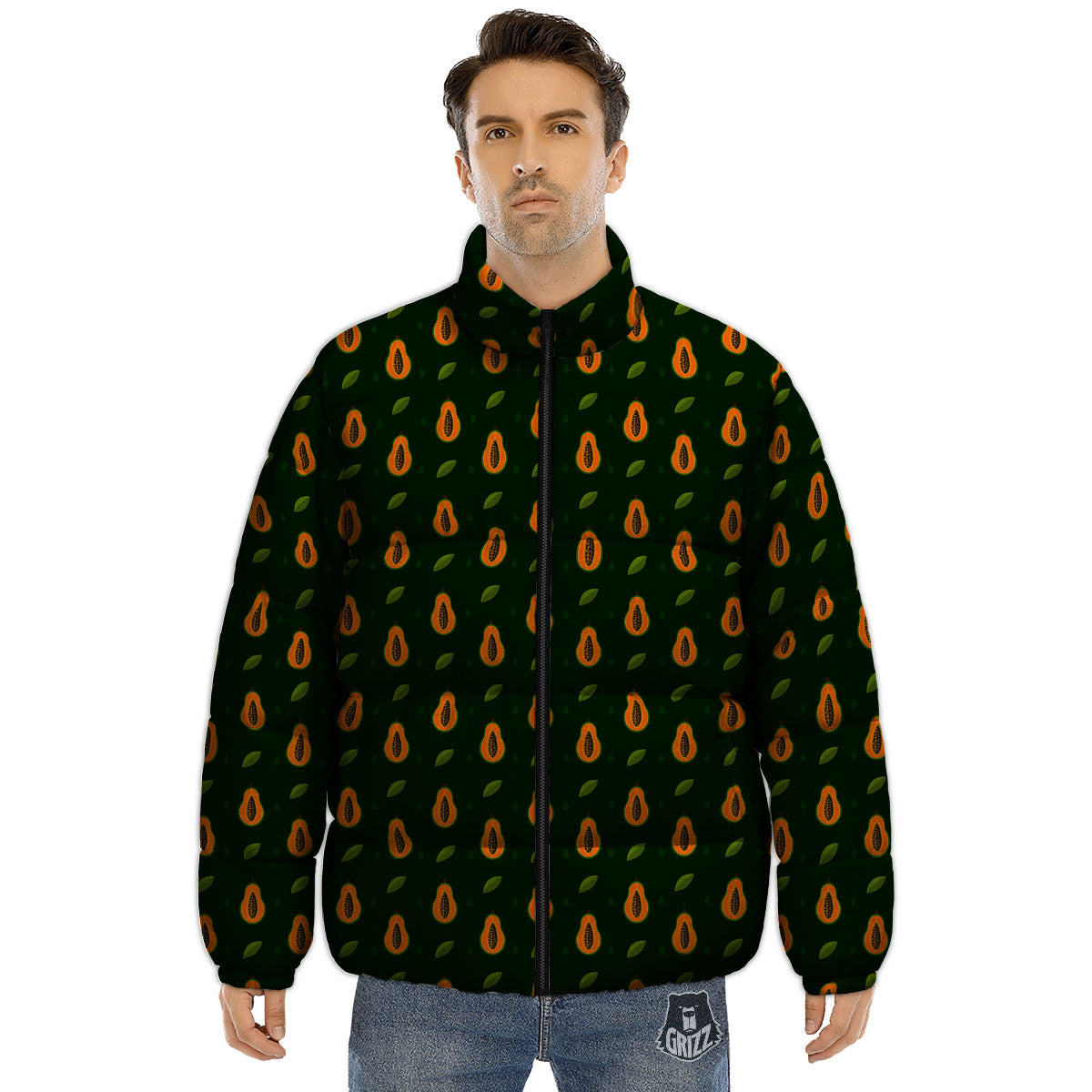 Papaya Exotic Print Pattern Puffer Jacket-grizzshop