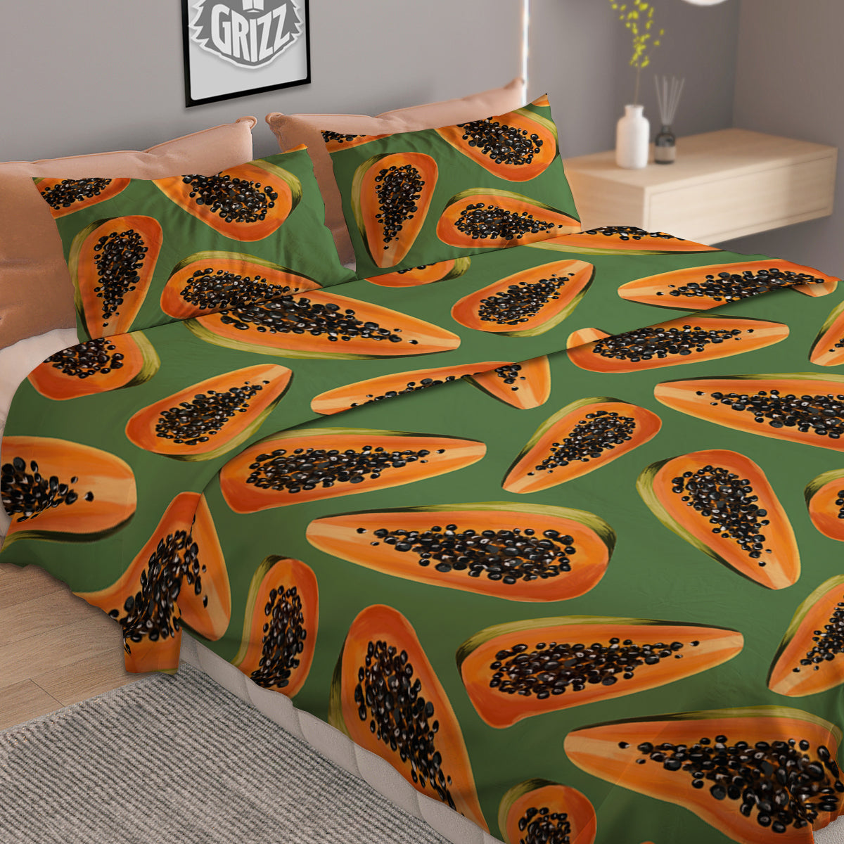 Papaya Tropical Print Pattern Duvet Cover Bedding Set-grizzshop