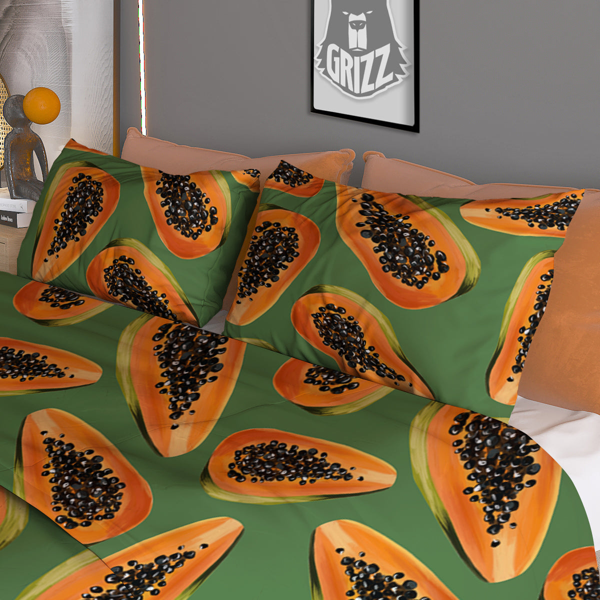 Papaya Tropical Print Pattern Duvet Cover Bedding Set-grizzshop