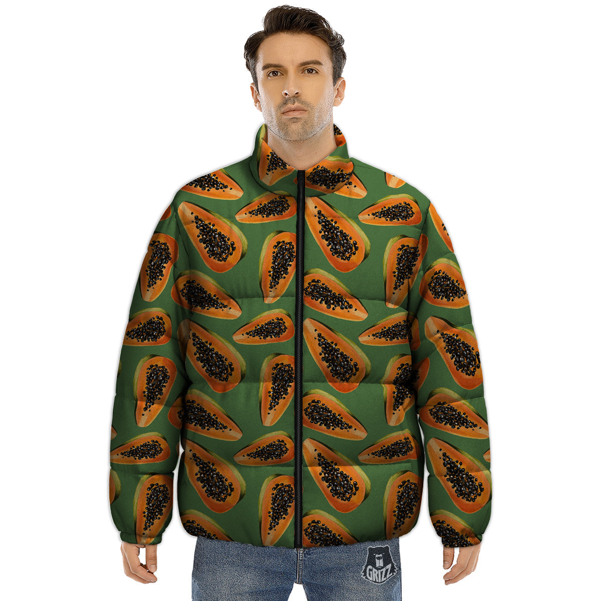 Papaya Tropical Print Pattern Puffer Jacket-grizzshop