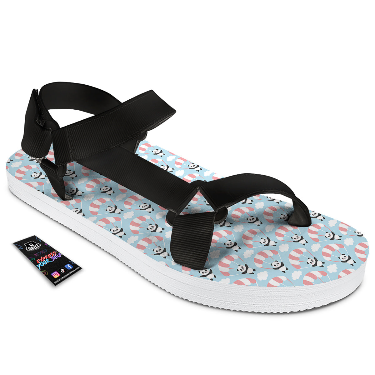 Parachute And Cute Panda Print Pattern Black Open Toe Sandals-grizzshop