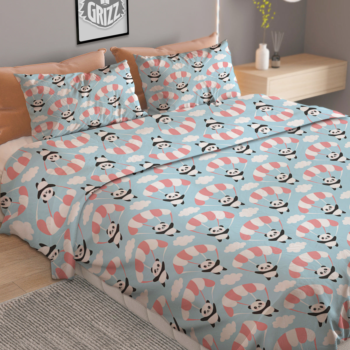 Parachute And Cute Panda Print Pattern Duvet Cover Bedding Set