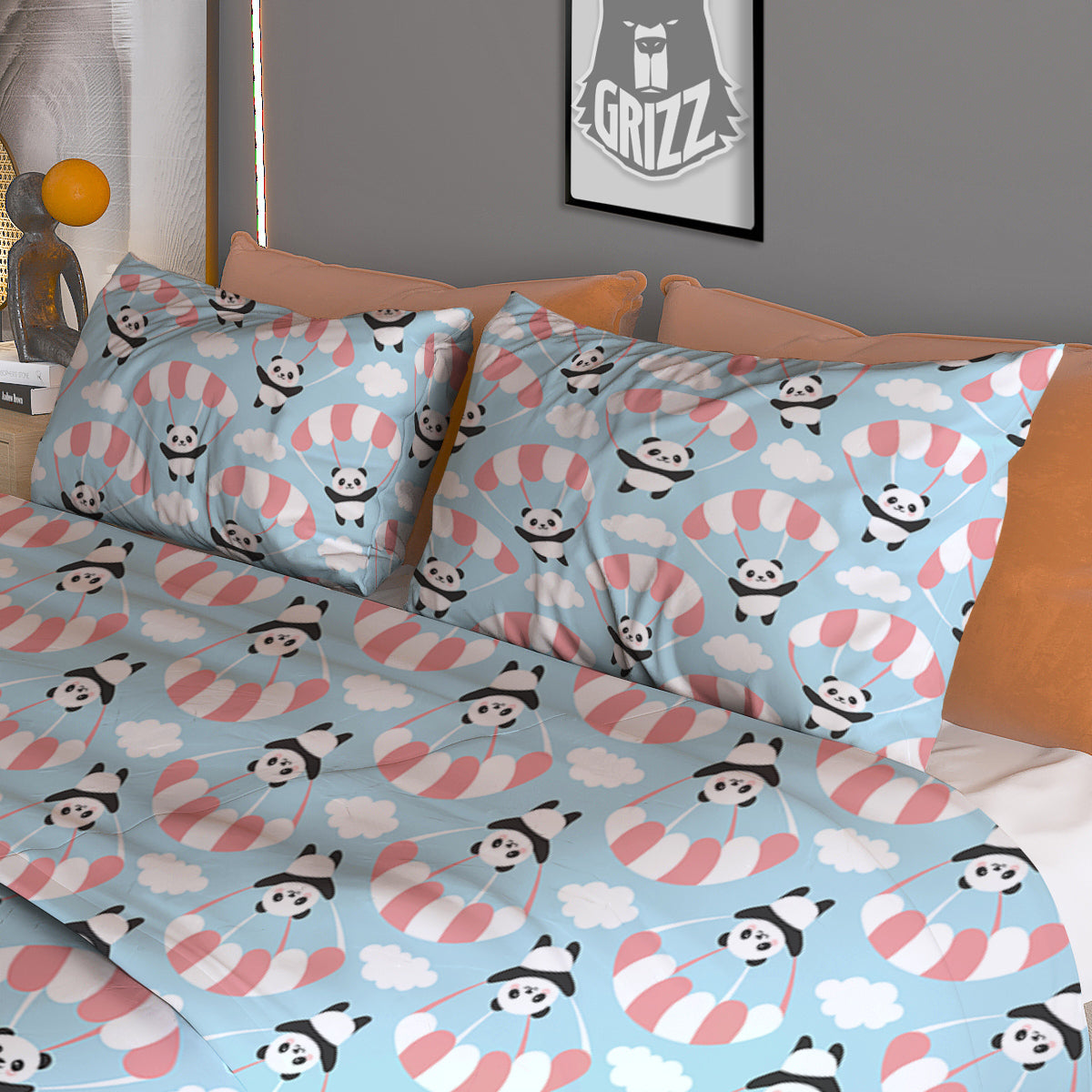Parachute And Cute Panda Print Pattern Duvet Cover Bedding Set