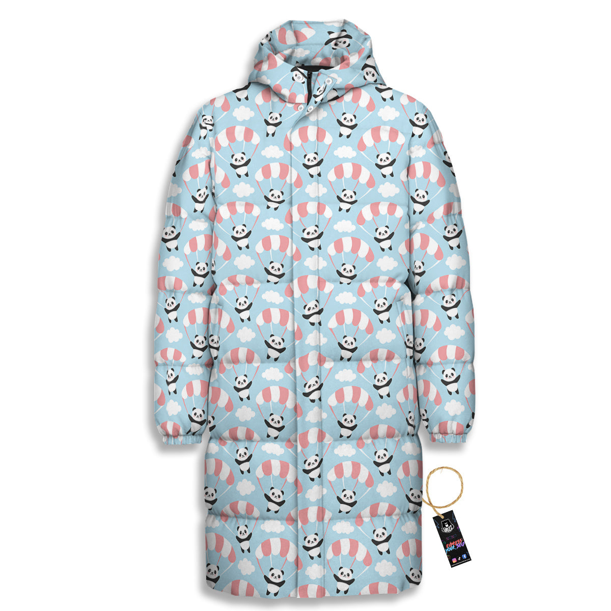 Parachute And Cute Panda Print Pattern Long Down Jacket-grizzshop
