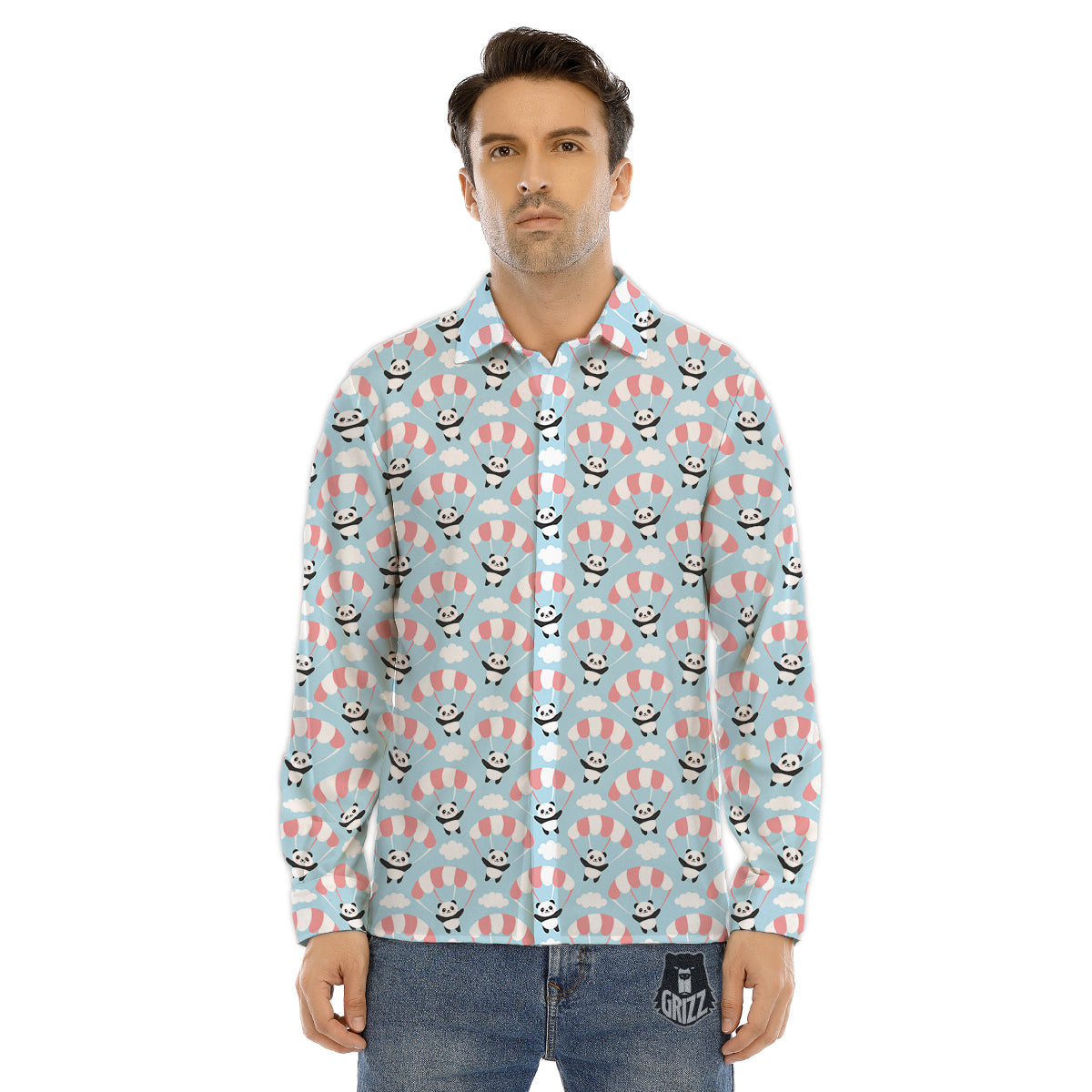 Parachute And Cute Panda Print Pattern Men's Dress Shirts-grizzshop