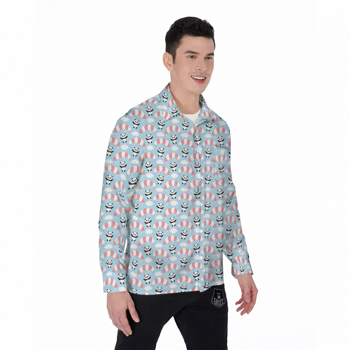 Parachute And Cute Panda Print Pattern Men's Long Sleeve Shirts-grizzshop