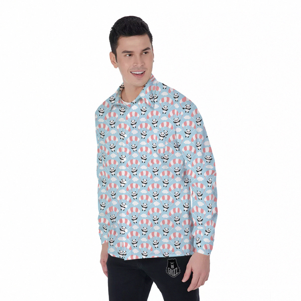 Parachute And Cute Panda Print Pattern Men's Long Sleeve Shirts-grizzshop