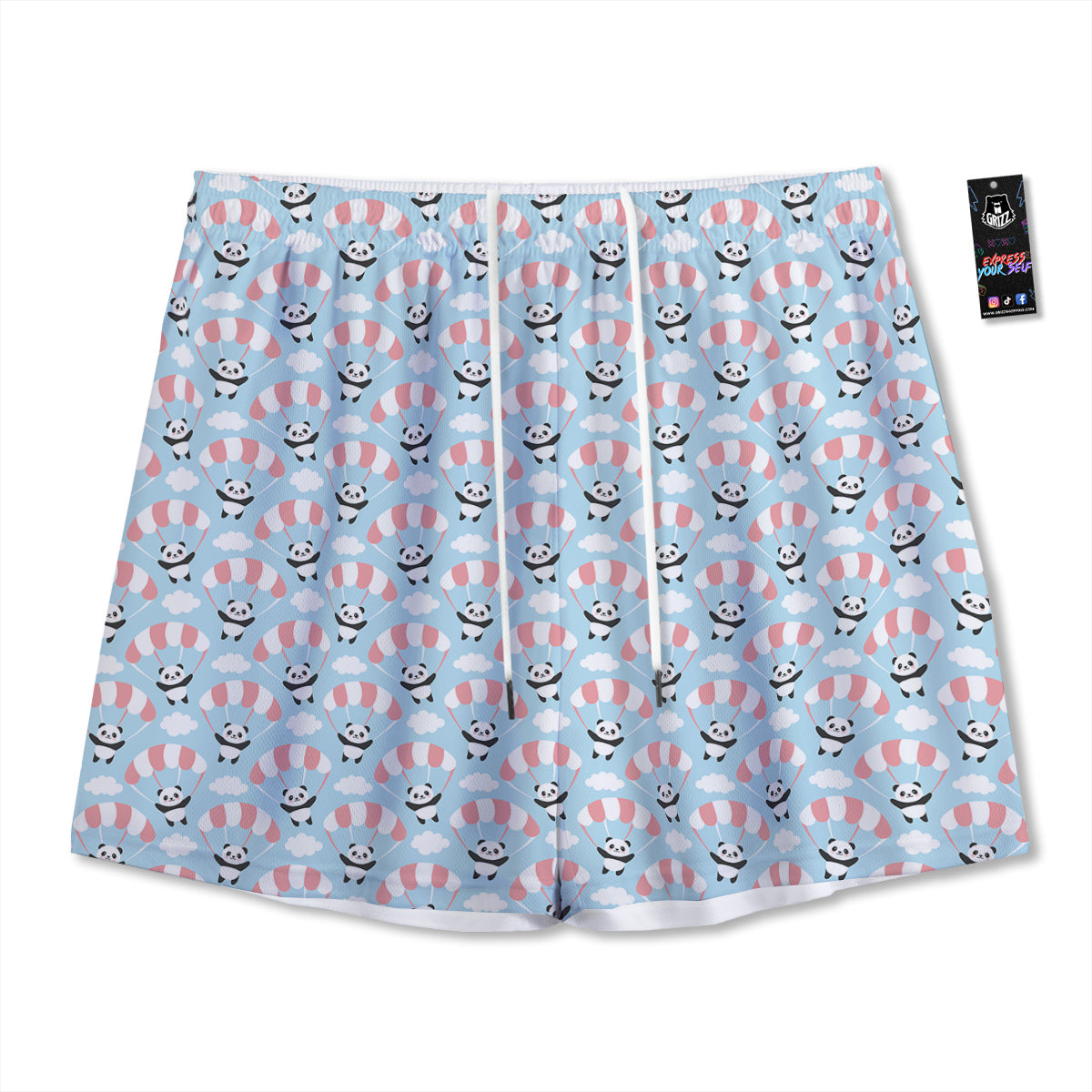 Parachute And Cute Panda Print Pattern Mesh Shorts