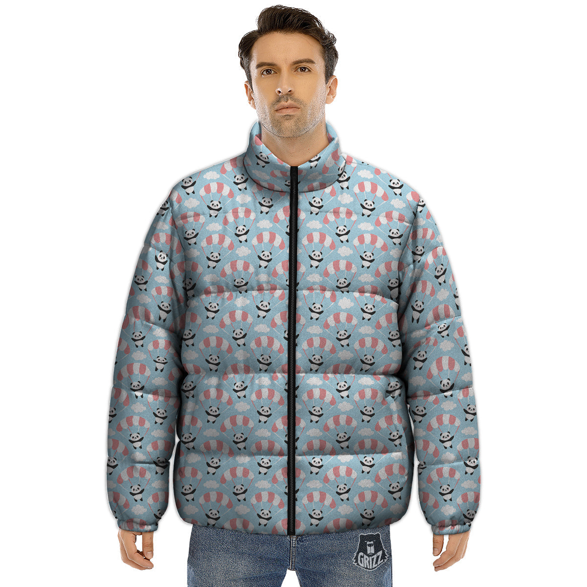 Parachute And Cute Panda Print Pattern Puffer Jacket-grizzshop