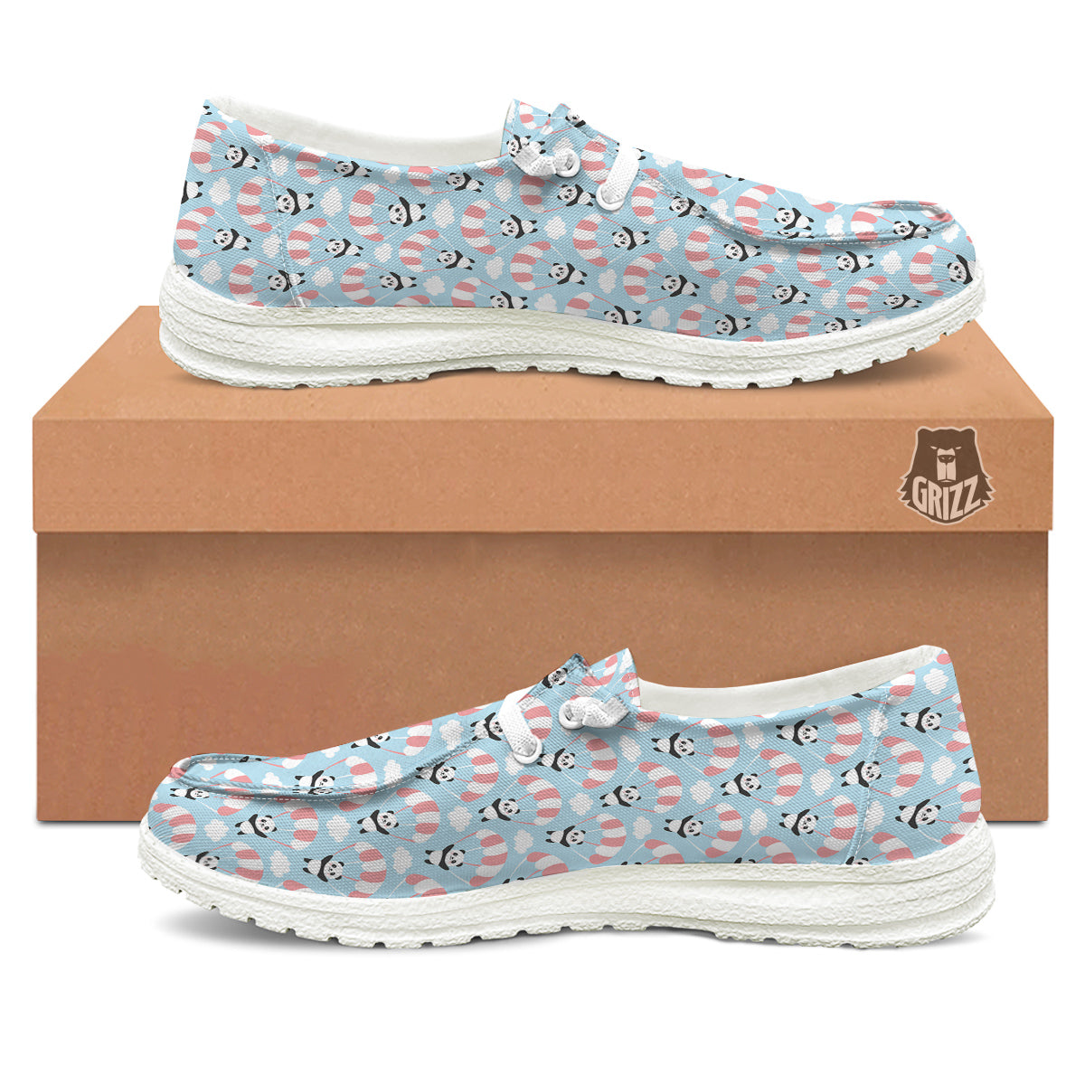 Parachute And Cute Panda Print Pattern White Loafers-grizzshop