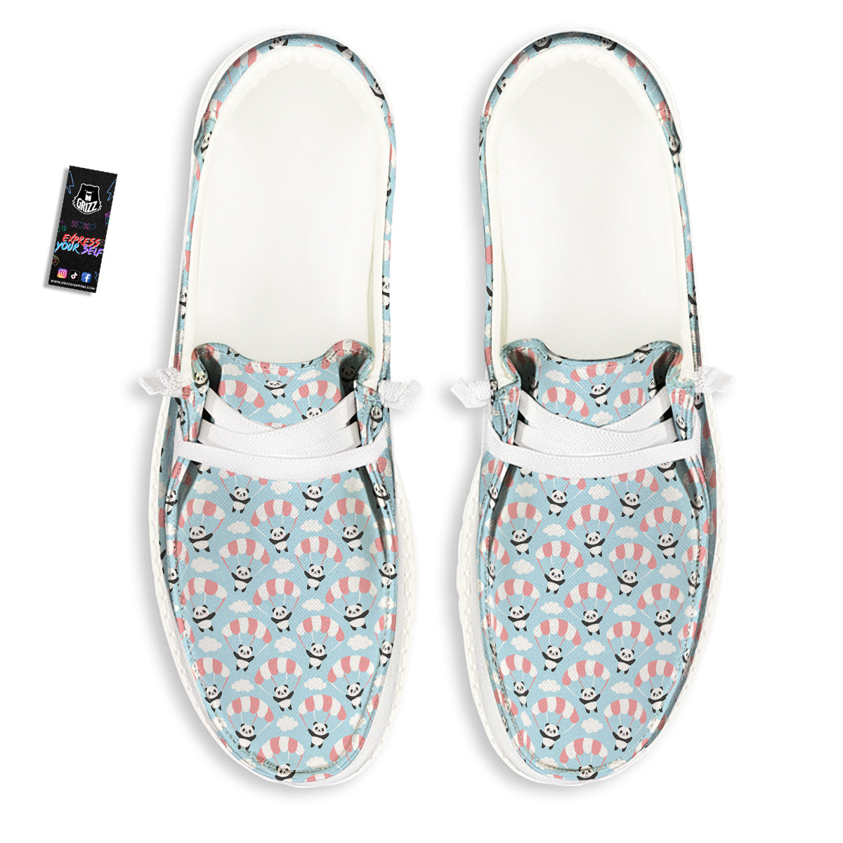 Parachute And Cute Panda Print Pattern White Loafers-grizzshop