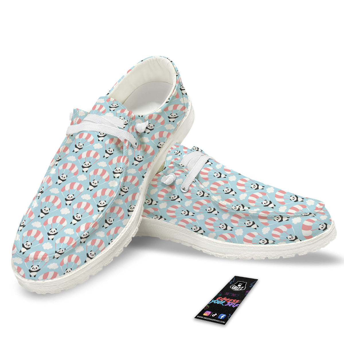 Parachute And Cute Panda Print Pattern White Loafers-grizzshop