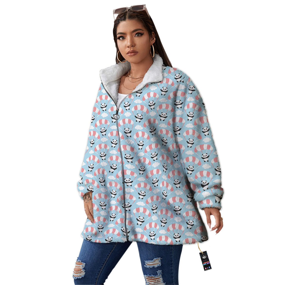 Parachute And Cute Panda Print Pattern Women's Sherpa Jacket-grizzshop