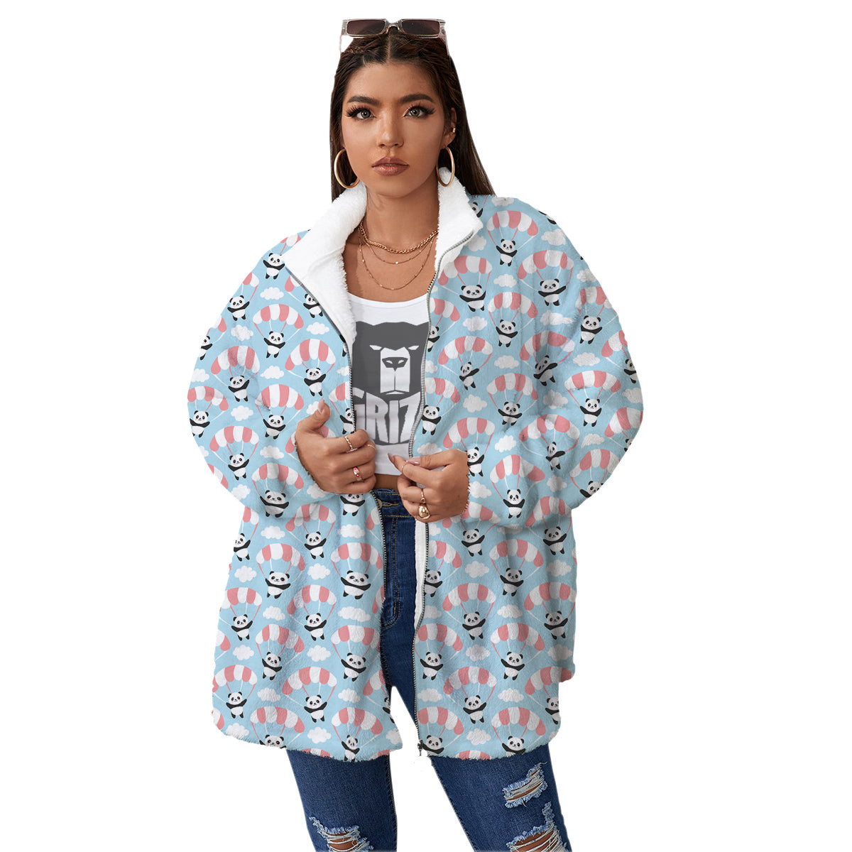 Parachute And Cute Panda Print Pattern Women's Sherpa Jacket-grizzshop