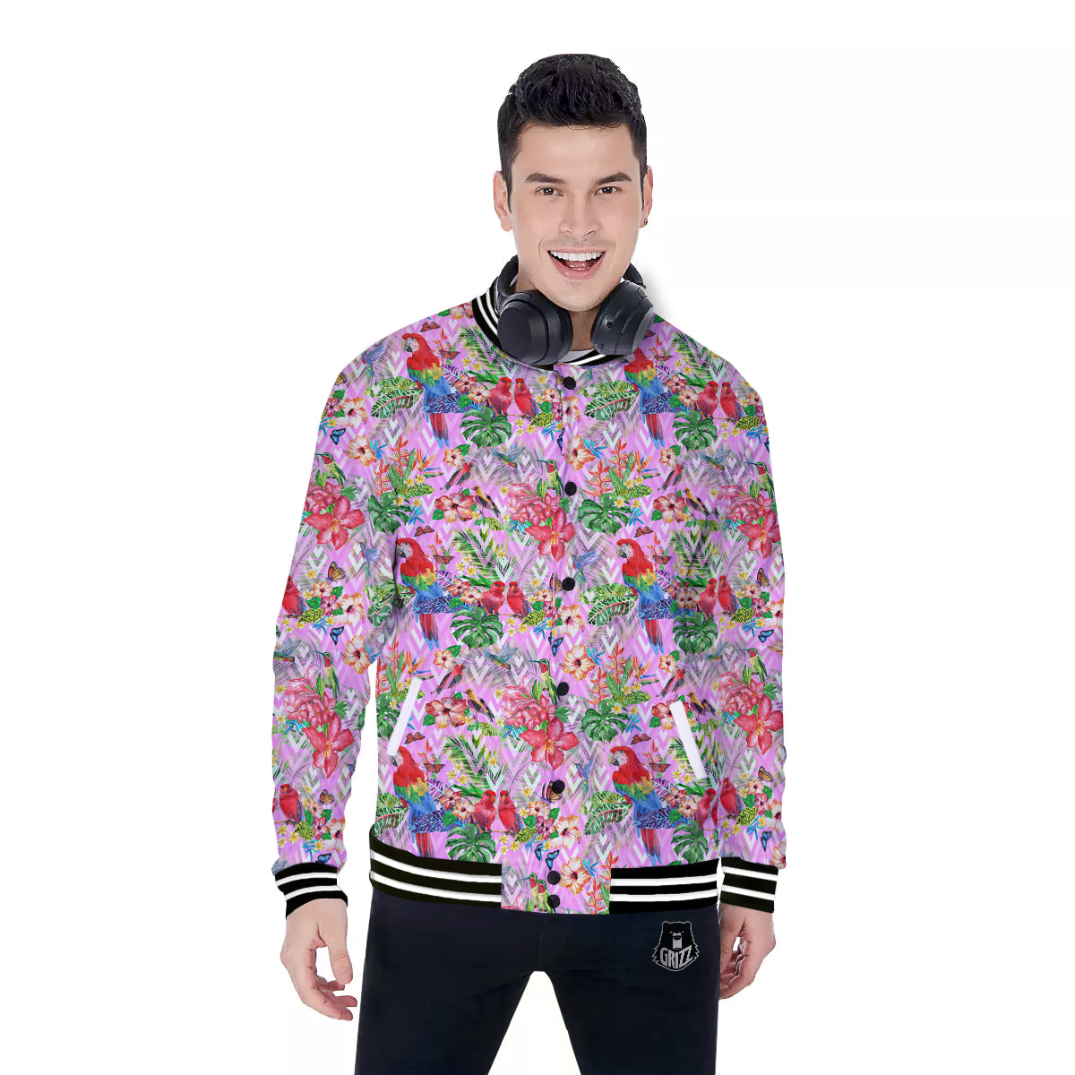 Paradise Flower Bird Print Pattern Baseball Jacket-grizzshop