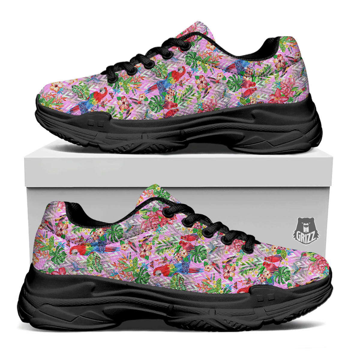 Paradise Flower Bird Print Pattern Black Chunky Shoes-grizzshop