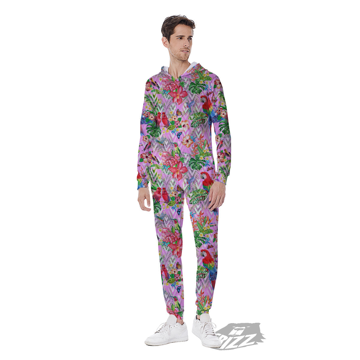 Paradise Flower Bird Print Pattern Men's Jumpsuit-grizzshop