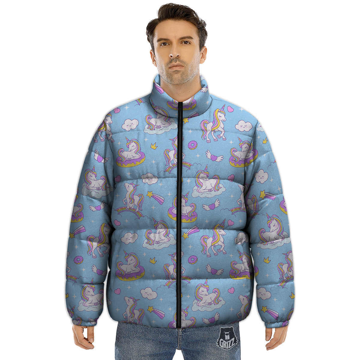 Paradise Unicorn Print Pattern Puffer Jacket-grizzshop