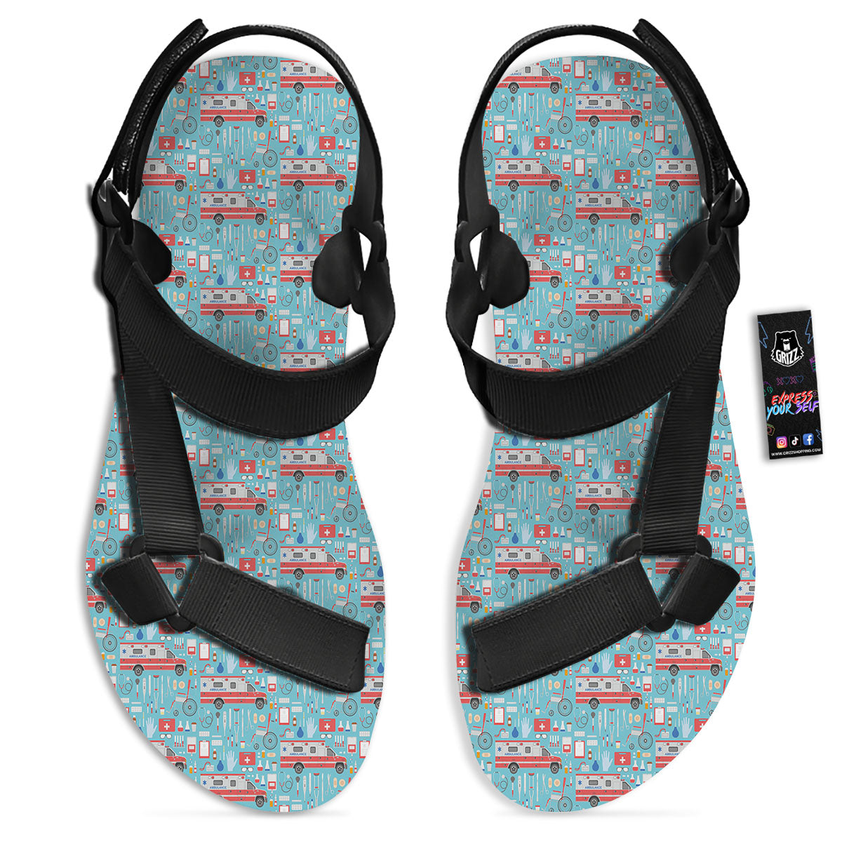 Paramedic EMS Print Pattern Black Open Toe Sandals-grizzshop