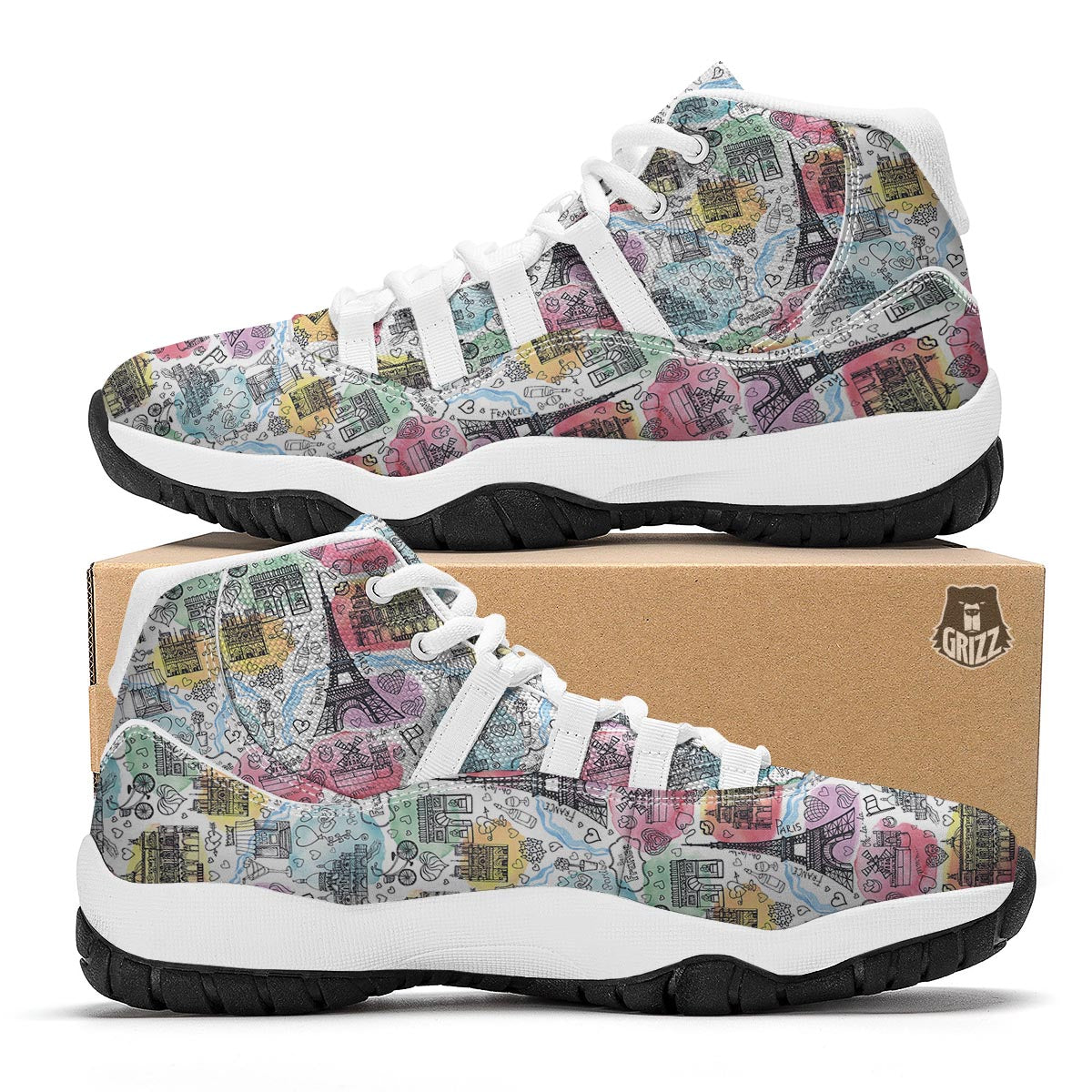 Paris France Print Pattern White Bball Shoes-grizzshop