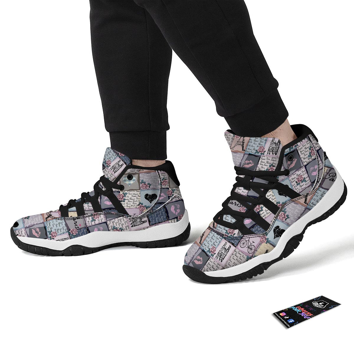 Paris Pattern Print Black Bball Shoes-grizzshop