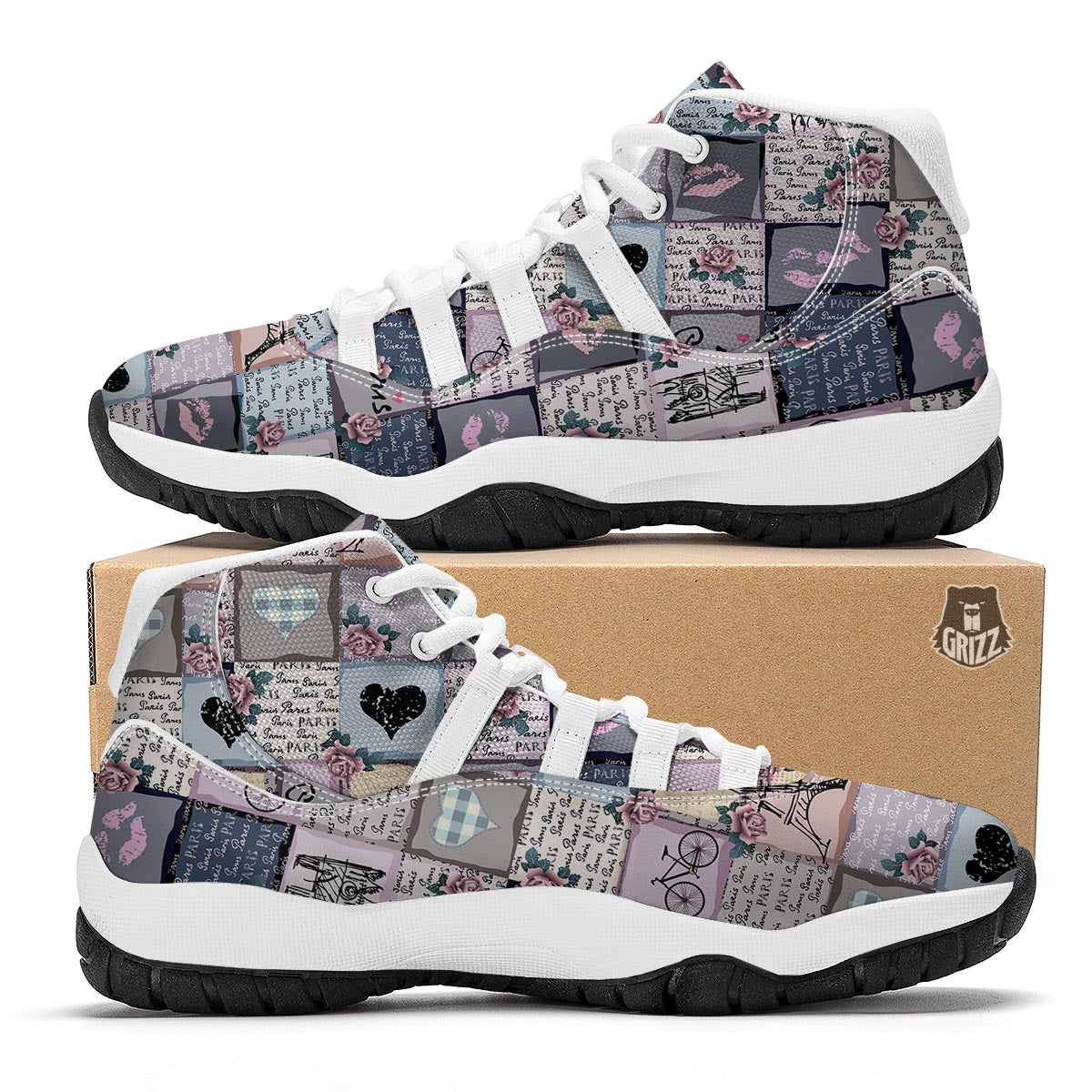 Paris Pattern Print White Bball Shoes-grizzshop