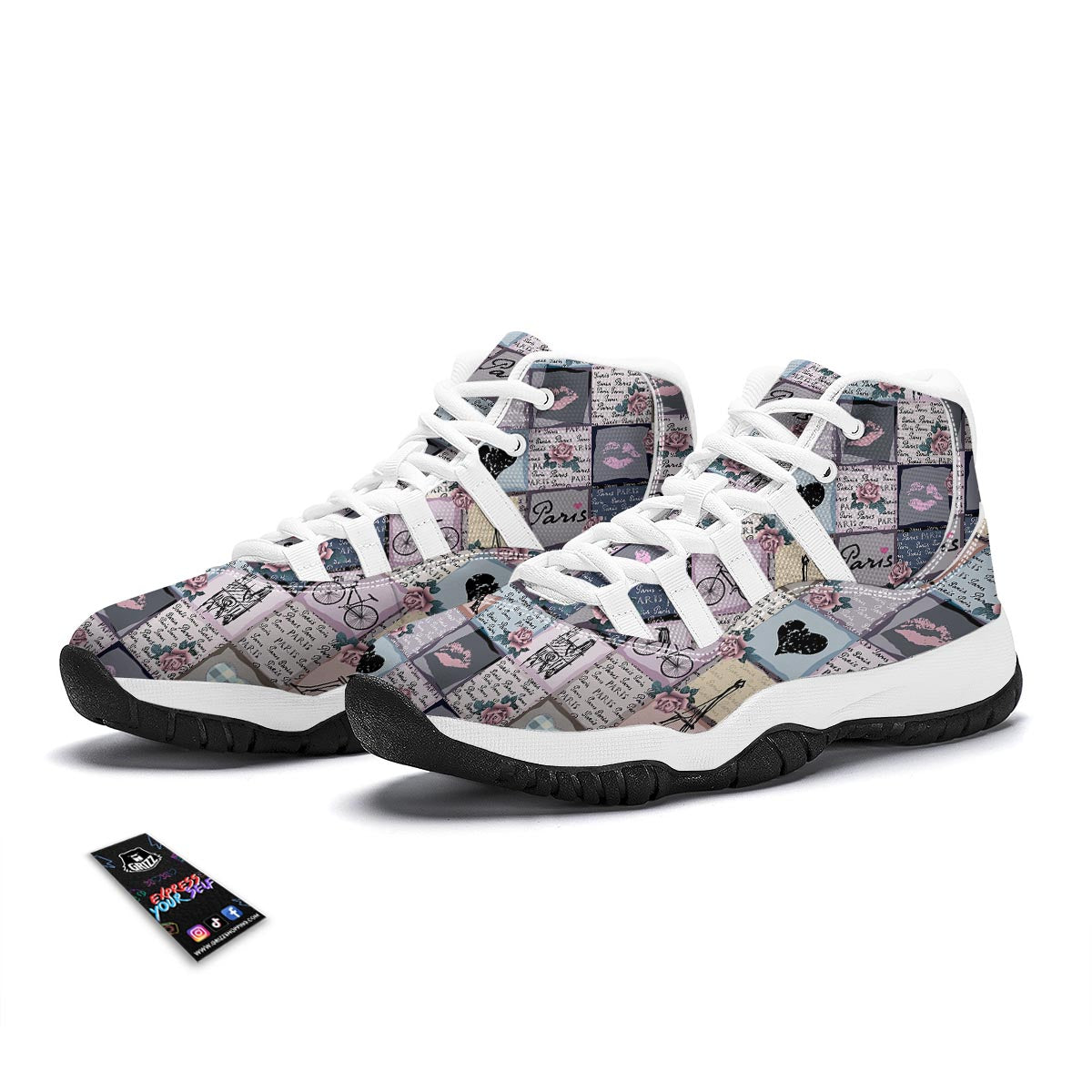 Paris Pattern Print White Bball Shoes-grizzshop