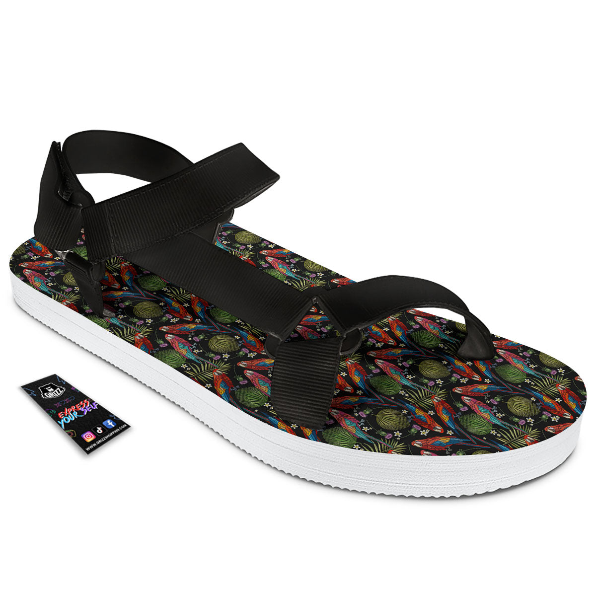 Parrot Embroidery Print Pattern Black Open Toe Sandals-grizzshop