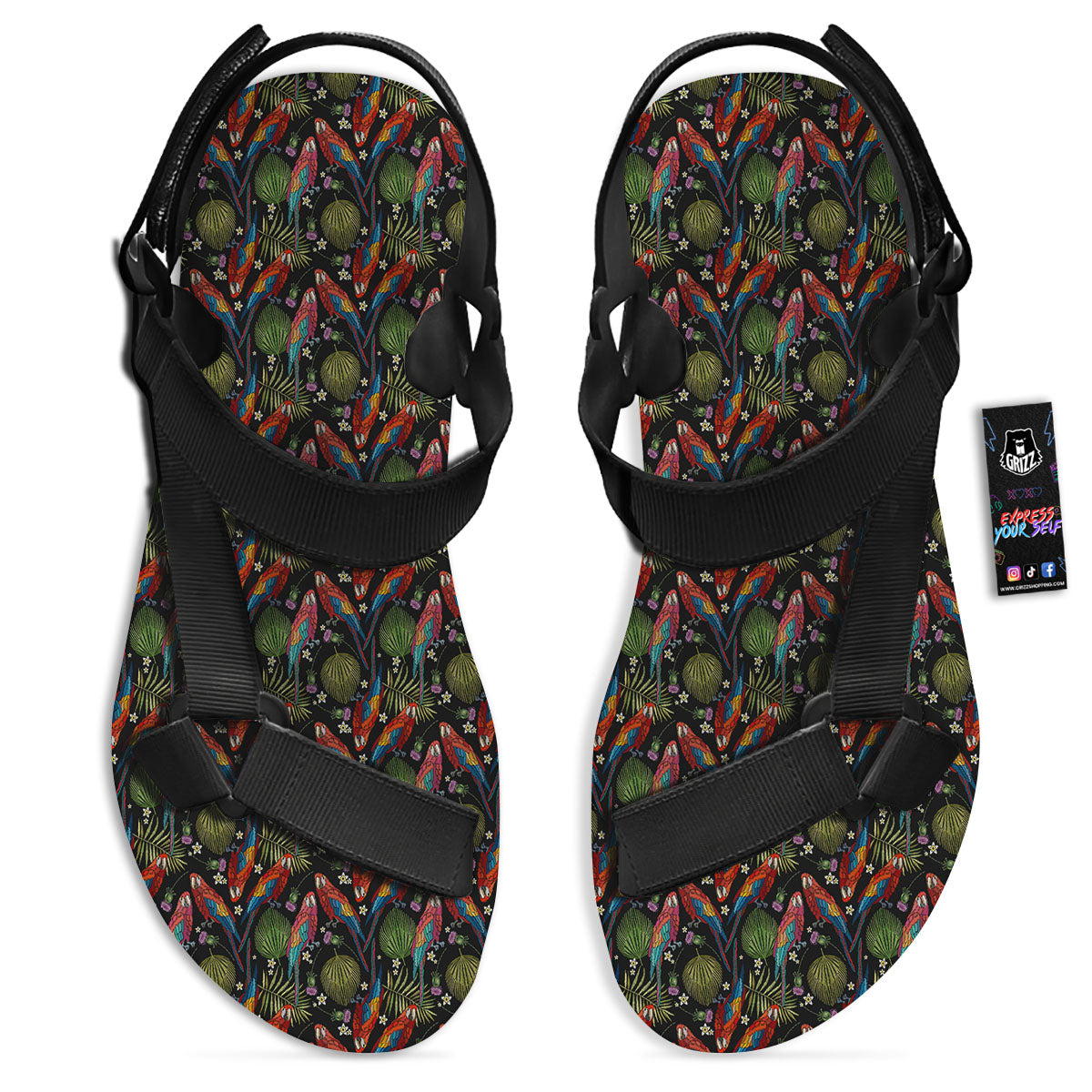 Parrot Embroidery Print Pattern Black Open Toe Sandals-grizzshop