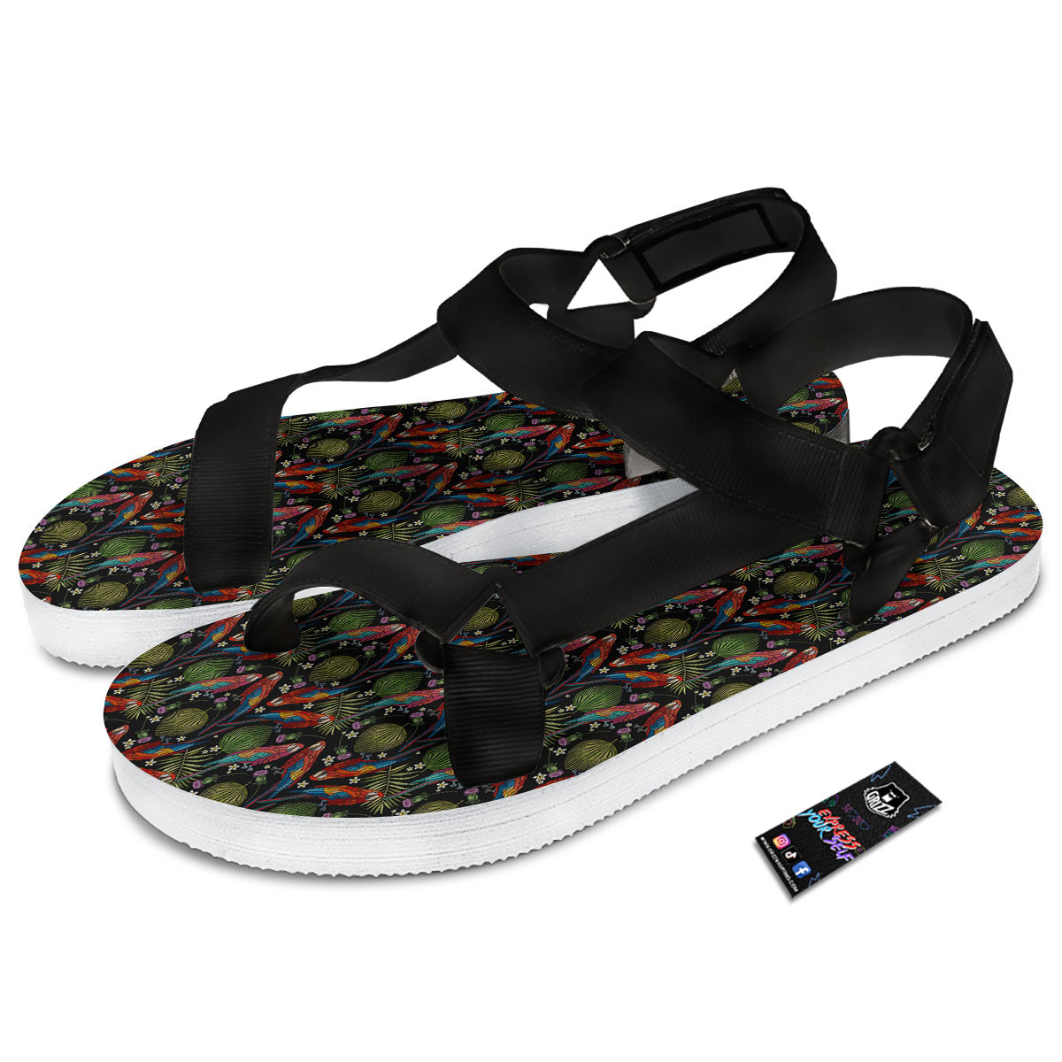 Parrot Embroidery Print Pattern Black Open Toe Sandals-grizzshop