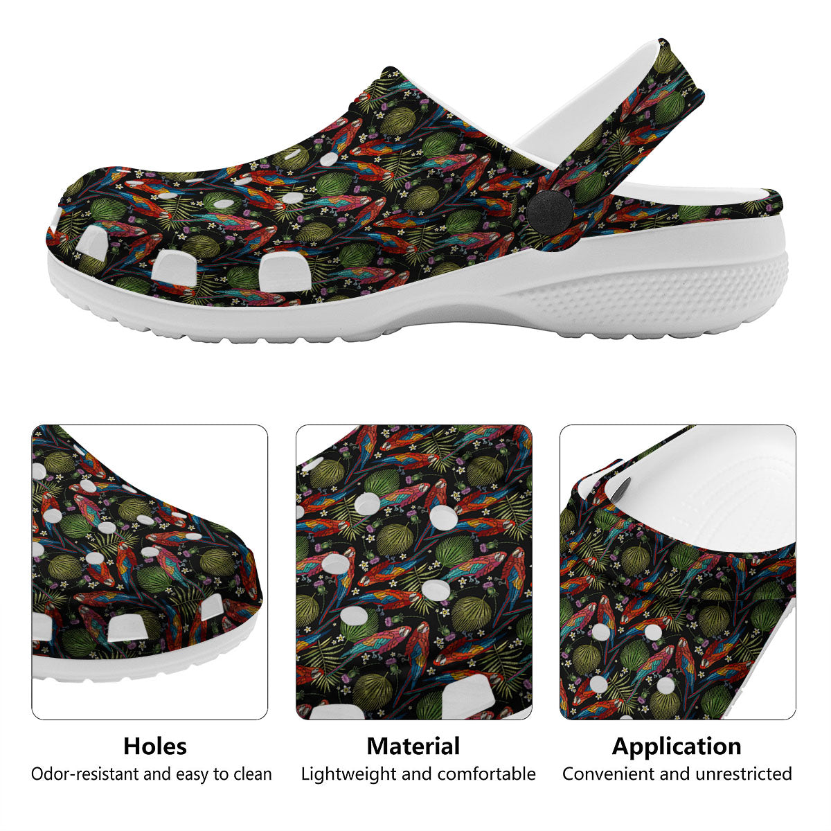 Parrot Embroidery Print Pattern Clog-grizzshop