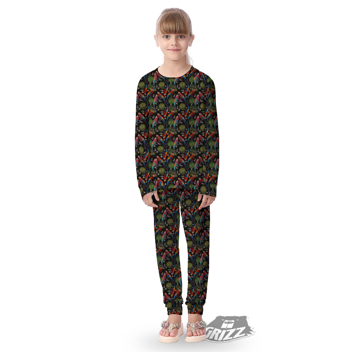 Parrot Embroidery Print Pattern Kid's Pajamas-grizzshop