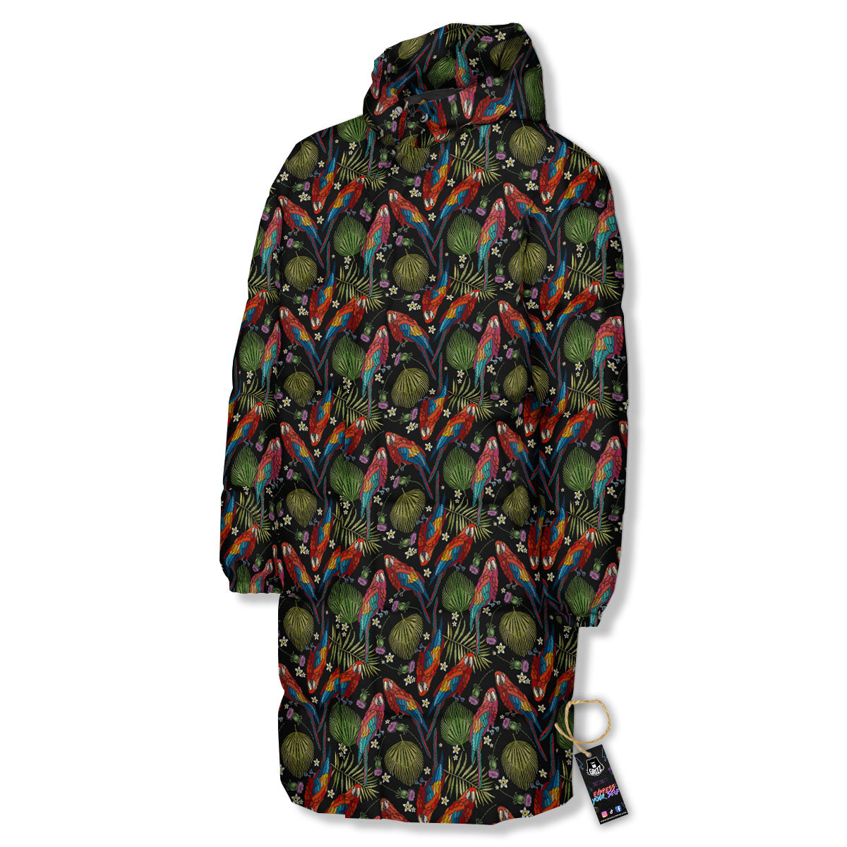 Parrot Embroidery Print Pattern Long Down Jacket-grizzshop