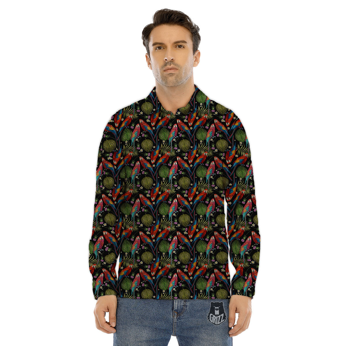 Parrot Embroidery Print Pattern Men's Dress Shirts-grizzshop