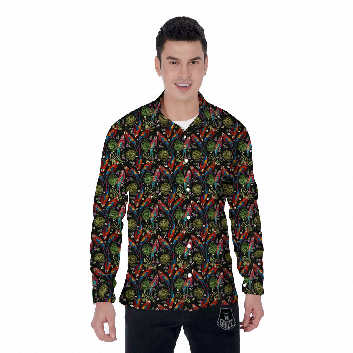 Parrot Embroidery Print Pattern Men's Long Sleeve Shirts-grizzshop