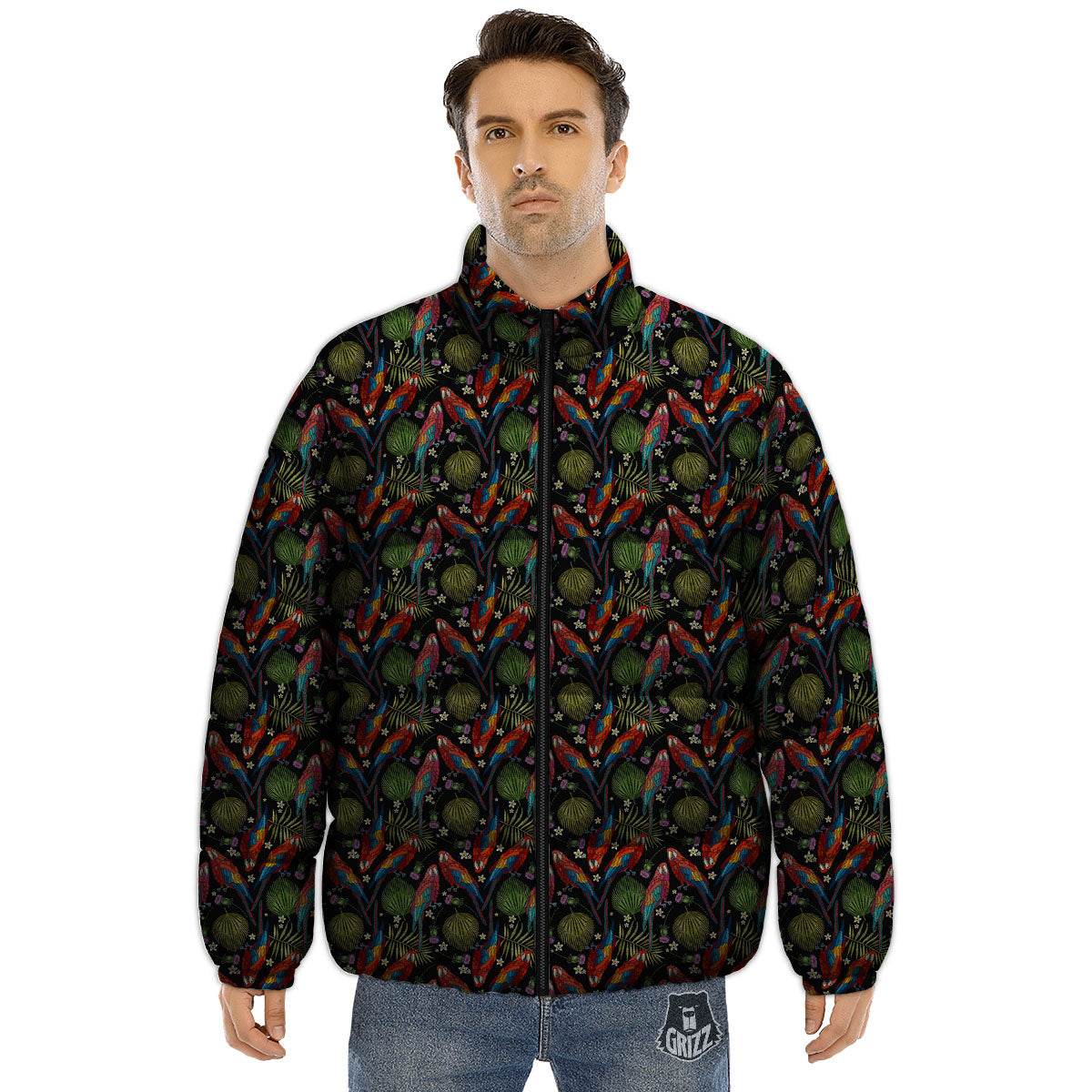 Parrot Embroidery Print Pattern Puffer Jacket-grizzshop