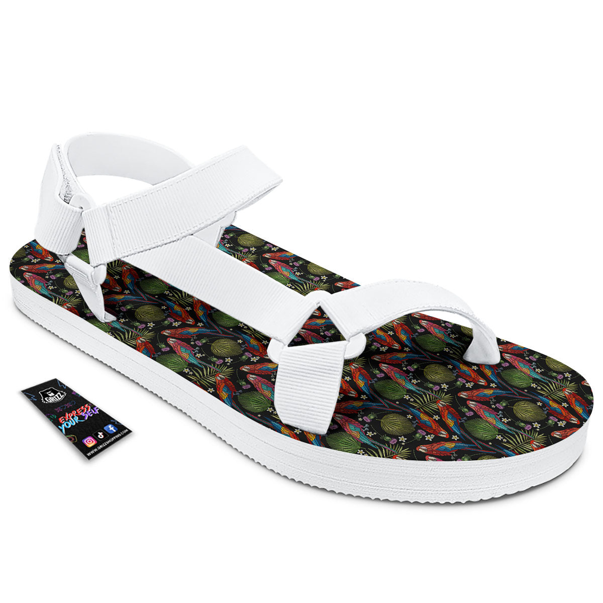 Parrot Embroidery Print Pattern White Open Toe Sandals-grizzshop