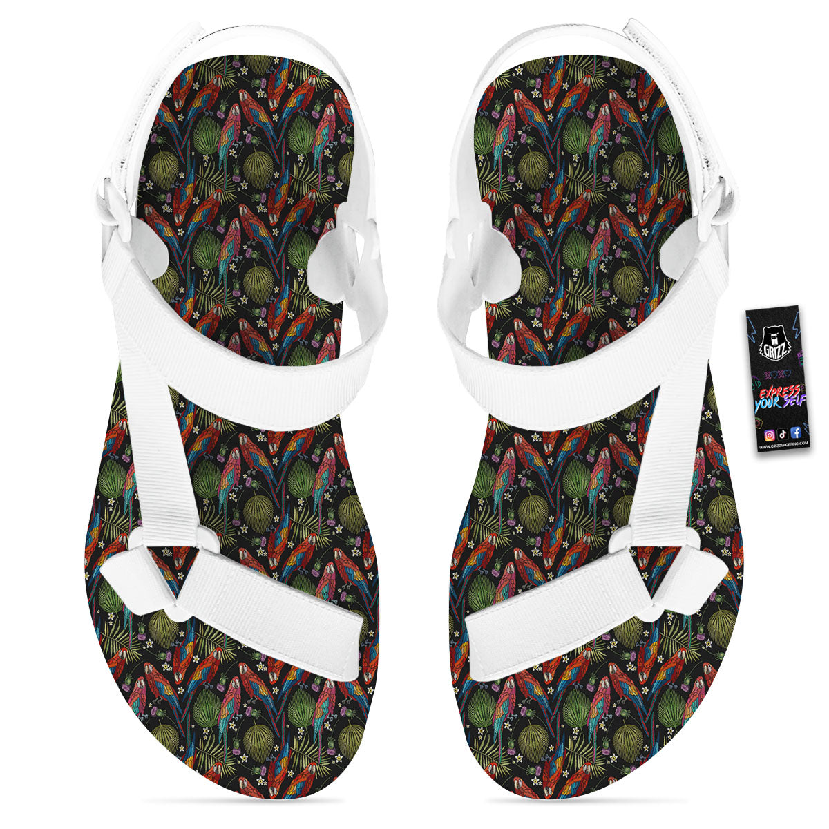 Parrot Embroidery Print Pattern White Open Toe Sandals-grizzshop