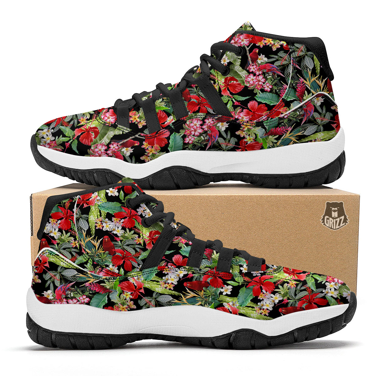 Parrot Hawaiian Tropical Print Pattern Black Bball Shoes-grizzshop