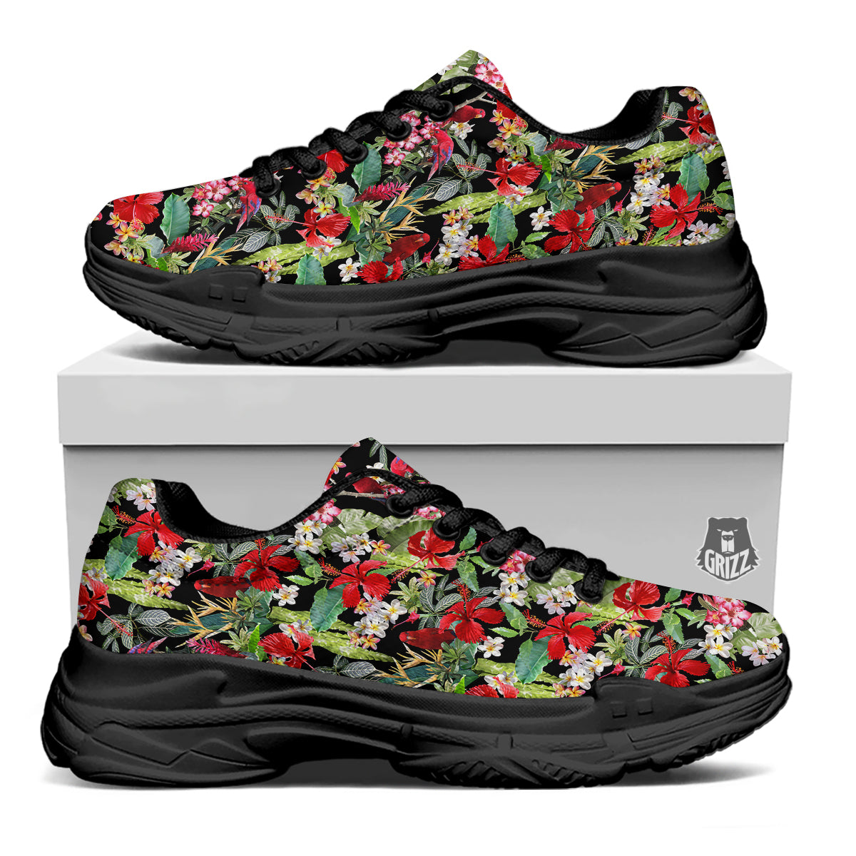 Parrot Hawaiian Tropical Print Pattern Black Chunky Shoes-grizzshop