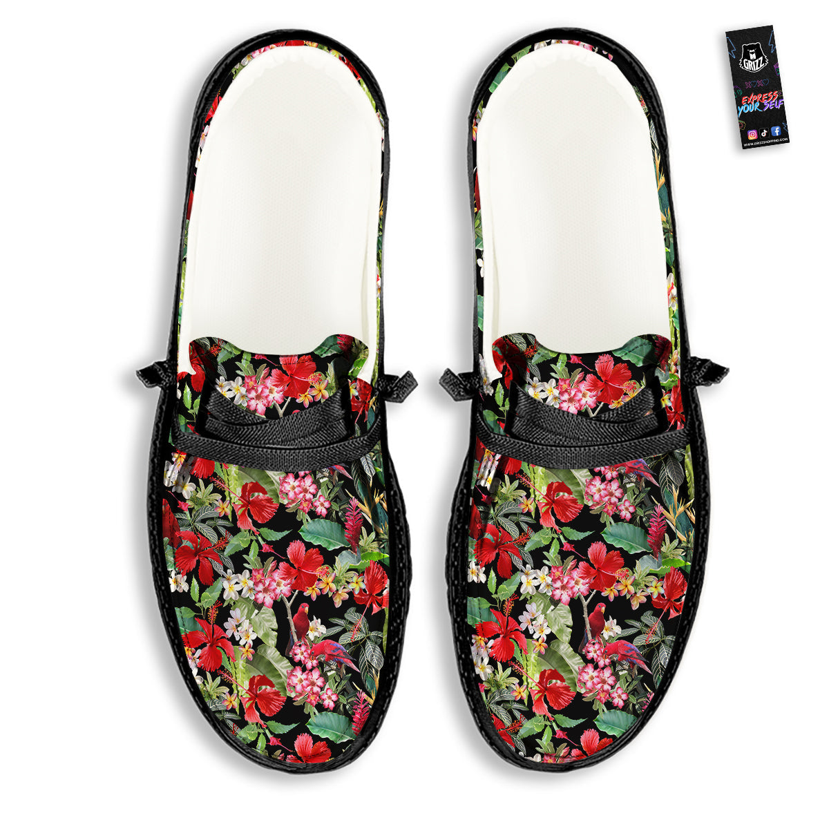 Parrot Hawaiian Tropical Print Pattern Black Loafers-grizzshop