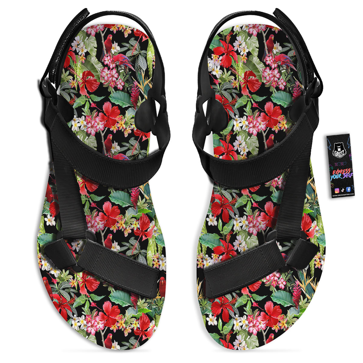 Parrot Hawaiian Tropical Print Pattern Black Open Toe Sandals-grizzshop