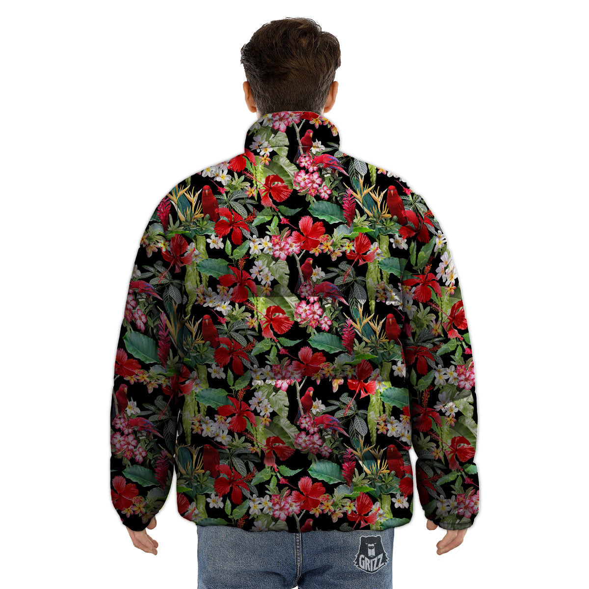 Parrot Hawaiian Tropical Print Pattern Puffer Jacket-grizzshop