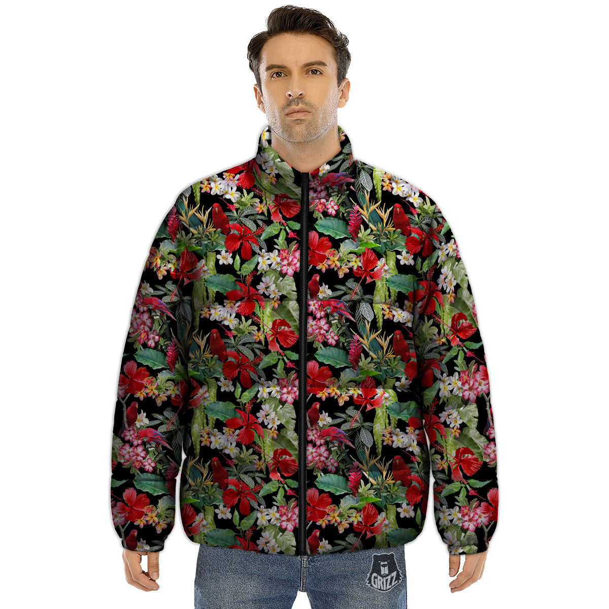 Parrot Hawaiian Tropical Print Pattern Puffer Jacket-grizzshop