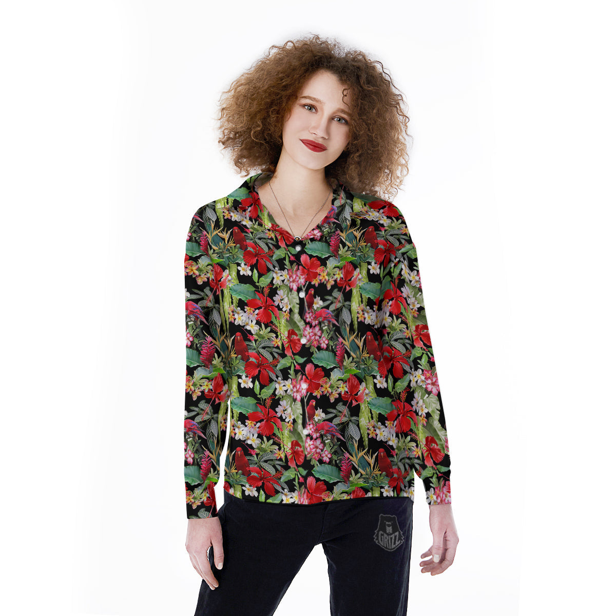 Parrot Hawaiian Tropical Print Pattern Women's Long Sleeve Shirts-grizzshop