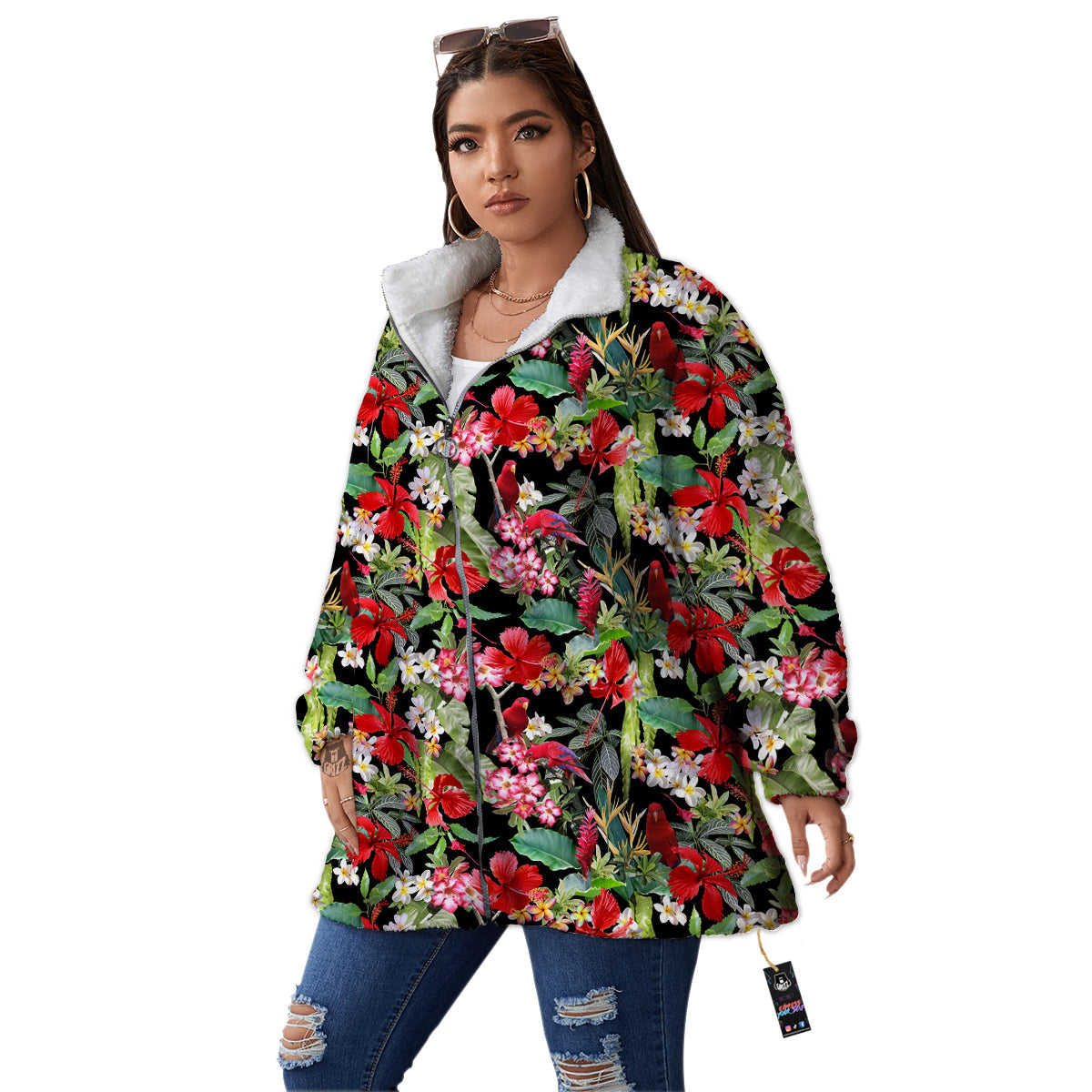 Parrot Hawaiian Tropical Print Pattern Women's Sherpa Jacket-grizzshop