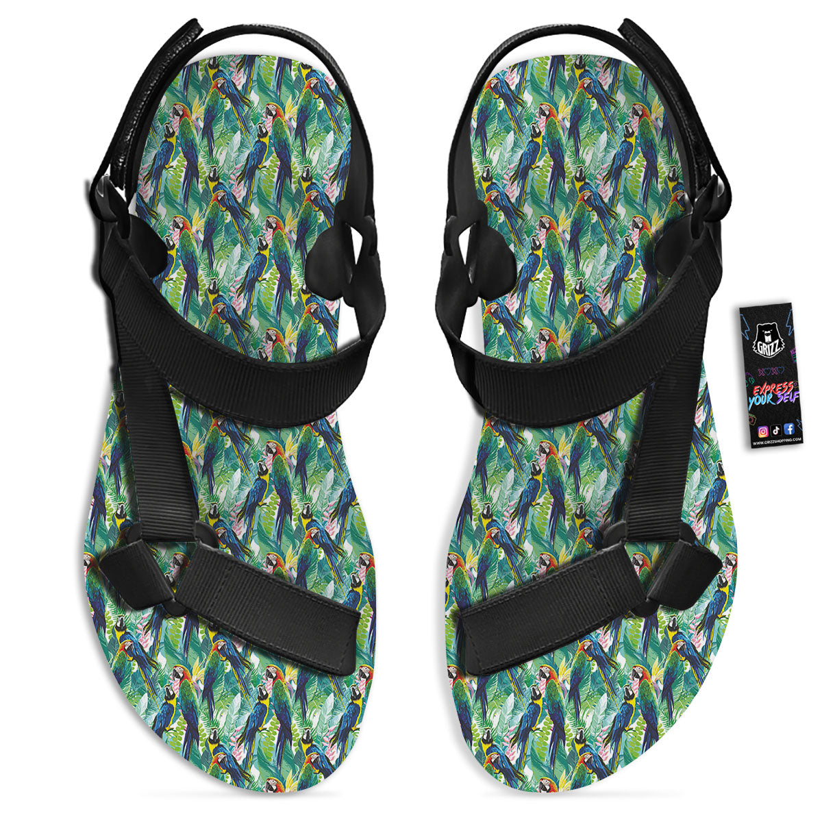 Parrot Macaw Print Pattern Black Open Toe Sandals-grizzshop