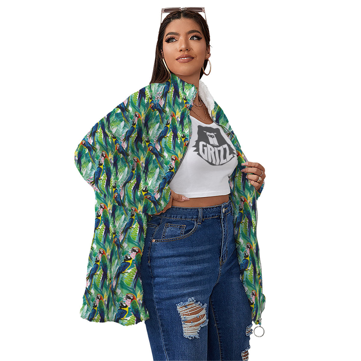 Parrot Macaw Print Pattern Women's Sherpa Jacket-grizzshop