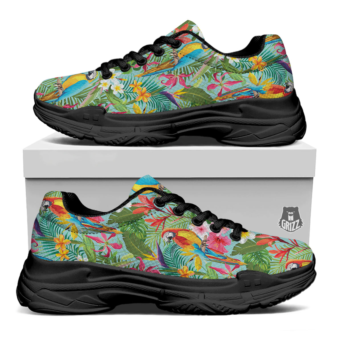 Parrot Tropical Print Pattern Black Chunky Shoes-grizzshop